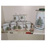 Spode thermal carafe pot, Lefton China covered sugar bowl, creamer, and 8 mugs with gold trim.