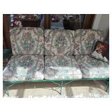 Three seat metal patio sofa with cushions. 67 x 27 x 32 in tall. Seat height 16.5 in.