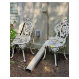 Set of three iron chairs. One needs to be cleaned up or refinished. 12 x 12 x 28.5 in tall. Seat height is 13.5 in.