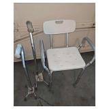 Disability assistance items. Adjustable shower chair, adjustable four leg left hand cane adjustable four leg right hand cane.