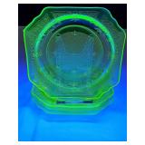 4 Anchor Hocking "Princes" green uranium depression glass plates from the 1930s