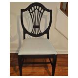 Federal-style mahogany look shield-back side chair features a freshly painted matte black finish and a light blue-gray textured upholstered seat. 19x17.25 x 38.25 in tall. Seat height is 18.5 in