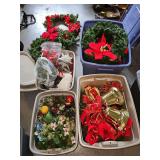 Christmas wreaths and decor. Four containers and an additional four wreaths and a Christmas tree holder.