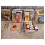 Grouping of  33 1/3 albums, 78 tpm albums, 45s, and cassette tapes. Many genres. Christian, christmas, easy listening, pop hits from the 