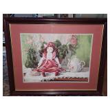 Framed print, titled "Tea Times" or commonly known as the Victorian doll tea party print, was created by artist Val Bishop. 22.5 x 18.5 in tall.