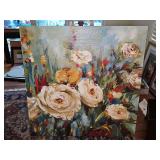 "Calico Fields" print on canvas by artist Asia Jensen, featuring a textured floral composition of soft white and gold-toned blossoms against a muted greenish-blue background. 27 x 27 in tall.