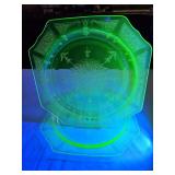 2 Anchor Hocking "Princes" green uranium depression glass plates from the 1930s