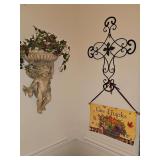 Pottery cherub with shelf, iron weathered look cross, and give thanks Wall hanger.