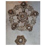 Beautifully detailed 1930s cast metal five-light semi-flush or hanging ceiling chandelier frame featuring ornate filigree and scrolling floral details.