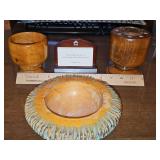 Wood office items. Pencil/pen holder with bicentennial Eisenhower dollar, magnolia wood cup for paper clips, 1950