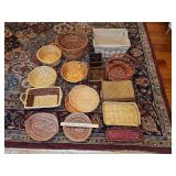 Various wicker metal and straw baskets.