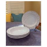 Set of (5) Skyros Designs Alegria Simply White ceramic stoneware pasta bowl featuring an embossed diamond and rope rim pattern - 10-1/4”D x 2” tall - one more was found and included