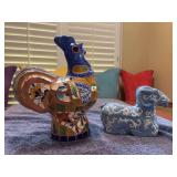 (2) nice pieces of home decor - blue and white glazed ceramic lidded box or trinket dish shaped like a recumbent ram and a terra cotta mosaic rooster