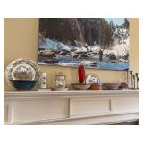 Grouping of home decor on mantle