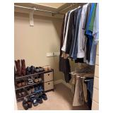 Contents of left side of master bedroom closet - includes men’s shoes by Cole Haan, Johnston & Murphy (sizes 9-1/2 and 19), shoe rack with 2 side storage baskets, sweaters (2 are cashmere), sizes ra