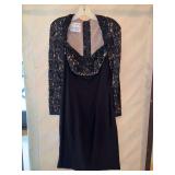 Ladies vintage black formal dress with lace, beaded and sequined sleeves and bodice from Allegria of Memphis - size not listed but est. 8