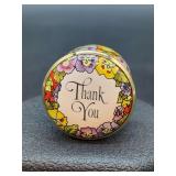 Halcyon Days Enamals designed by Tiffany & Co. hinged porcelain trinket box with Thank You motif - 1” tall - in original box