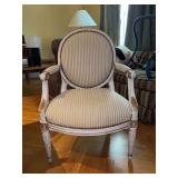 French Louis XVI-style medallion-back armchair featuring a whitewashed distressed wooden frame and classic striped upholstery - 25-1/4 x 19 x 18 tall to seat (37-1/2 tall overall)