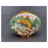 Halcyon Days Enamals designed by Tiffany & Co. hinged porcelain trinket box with fishing motif - 2” long x 1” tall - no box