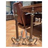 Antique neoclassical-style brass and iron fireplace andirons with fluted column shafts and finial tops - 26-1/2” Tall