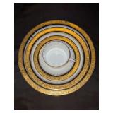 4-pc. Place setting of Philippe DeShoulieres Marquis Black/Blue Fine China (cup is cobalt blue) - includes dinner plate, salad plate, dessert/bread plate, cup