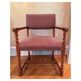 Baker Furniture wooden armchair featuring distinct bobbin-turned or barley-twist legs, arms, and stretchers with a reddish-textured upholstered seat and back - 24-1/2 x 20 x 30 tall to seat (36 tall o
