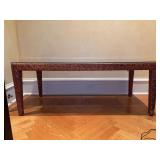 Faux wicker coffee table with glass overlay (chip on one corner) - 48 x 22 x 19-1/2 tall