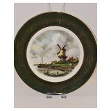 Mid century Wood & Sons English ironstone windmill scene plate with wide gold outer rim. 9.75-in diameter.