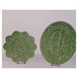 Geranium Plate and oval strawberry server by Bordallo Pinheiro, crafted in Portugal from green glazed earthenware. 8.5 in diameter and 9.5 x 11 in.