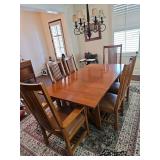 Kincaid Furniture Company Mission Arts and Crafts Style Solid Oak Dining Table and 6 Chairs. Two chairs are arm chairs. Table is 76.5 x 42 x 30.25 in tall. A leaf or leafs can be inserted but are not 