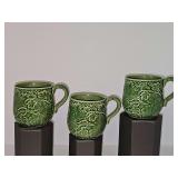 Three Vine Green Mugs by Bordallo Pinheiro crafted in Portugal. 3.5 in tall.