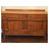 Mid Century NorthWestern Mastercraft Furniture Tiger Oak four drawer two door buffet with wood casters. No key. 60 x 22 x 37.5 in tall. Contents not included.