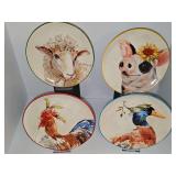 Pier 1 salad plates with pig, lamb, rooster, and duck. 8.5 in diameter. In original box.