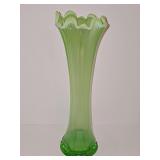 Mid-century green opalescent swung glass vase. 12 in tall.