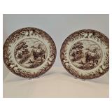 Royal Stafford fine earthenware HAYRIDE BROWN sepia-toned scene of a horse-drawn hay wagon in front of a rustic cottage. 11 inch diameter