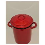 Red enamelware treat jar. 6.5-in diameter x 9 in tall.