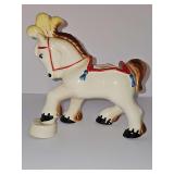 vintage mid-century ceramic glossy glazed ceramic with hand-painted accents circus horse or pony planter, likely made in the 1940s or 1950s. 7.5 x 3.25x 7 in tall. Sticker residue on horse hip as show