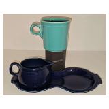 Cobalt blue fiestaware creamer and tray. Also Fiesta HLC USA Homer Laughlin Turquoise O Ring Handle Coffee Mug
