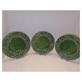 Three Bordallo Pinheiro 8 inch plates in the Papillon (Ivy Green) pattern from Portugal featuring a raised butterfly and wheat pattern. All have crazing.