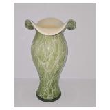 Olive green marbled glass vase with wide ruffled rim and delicate white branching patterns by artist Jozefina Krosno. 13.5 in tall.