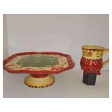 GKAO colorful pedestal cake plate with footed mug. Cake plate is 11.25 x 11.25 x 4 in tall. Mug is 4.25 in tall.