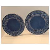 Two Bordallo Pinheiro 8 inch plates in the Papillon (Blue) pattern from Portugal featuring a raised butterfly and wheat pattern. Both have crazing.