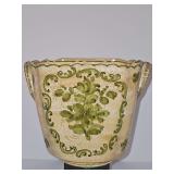 Meiselman vintage ceramic jardiniere planter featuring hand-painted green floral and scroll motifs against a distressed cream and yellow glazed finish. 6x8x6.75 in tall.