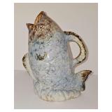 Ceramic fish-shaped pitcher,  gluggle jug or majolica fish pitcher. 10 in tall. Signed on bottom of pitcher
