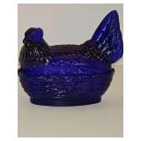 Cobalt blue hen on nest. 5x3 x4 7/8 in tall