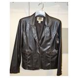 76RQT Sophisticated Clothing dark brown polyurethane distressed look single breasted jacket with front pockets. Size large in good condition.