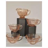 Pink depression glass, 4 tea or coffee octagon cups in the Princess pattern by Anchor Hocking and 1 creamer produced around 1931–1935. Cups are 3.5 x 2 in tall, creamer is 3.75x3.5 in tall