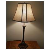 Lamp with linen look shade. 30 in tall. Needs new switch. Antique bronze finish with oatmeal colored shade.
