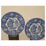 Wood & Sons ENGLISH SCENERY BLUE. Blue and white transferware ceramic plate featuring a rural English countryside scene with a cottage and floral border.