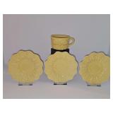 Three Bordallo Pinheiro Yellow Bunny Rabbit Saucers and 1 cup with minor chipas shown.